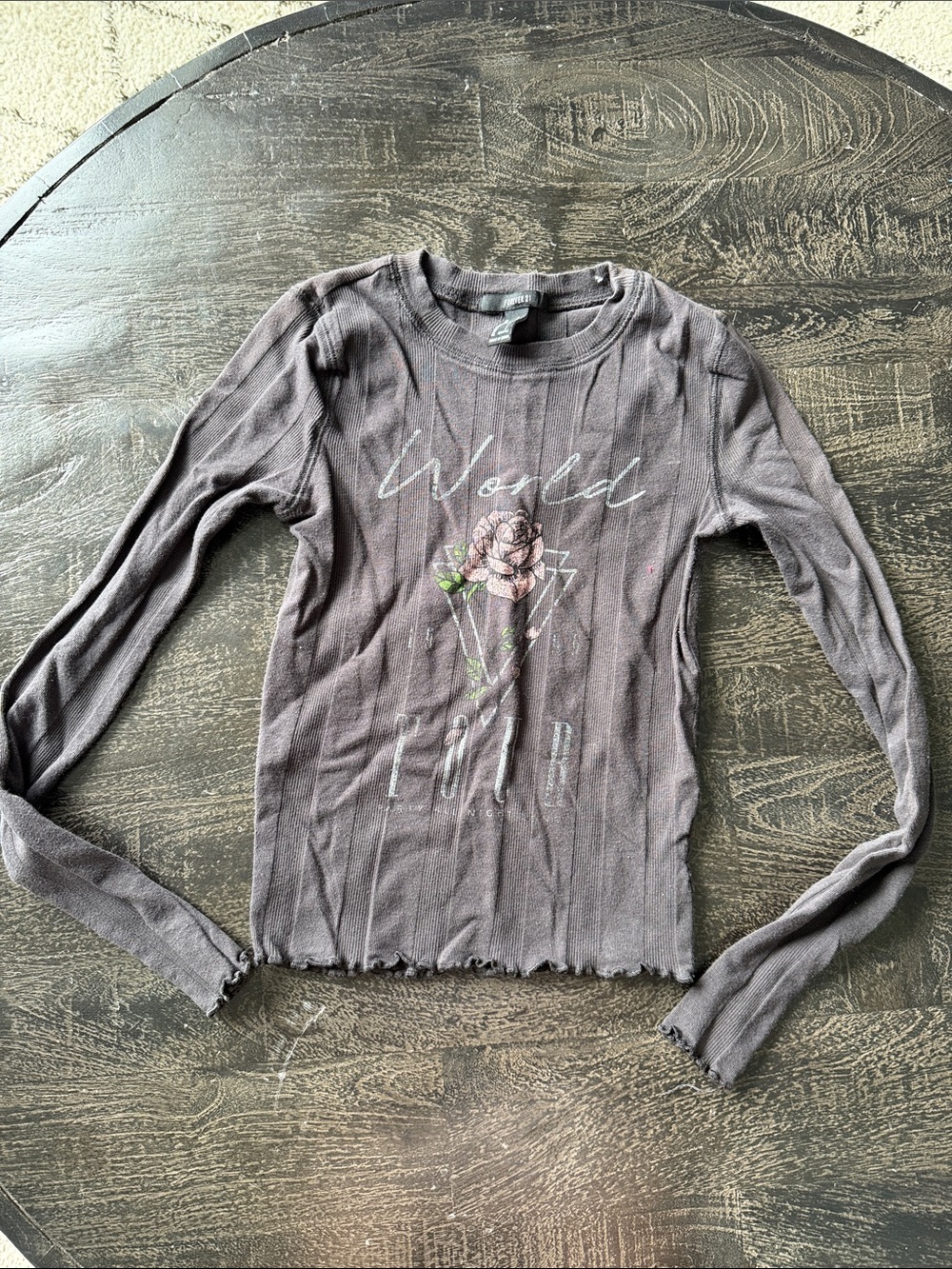 Forever 21 Charcoal Ribbed Long-Sleeve Top with Rose Graphic